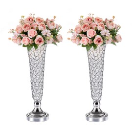 2 Pcs Crystal Trumpet Vases for Centerpieces, 20" Metal Floral Vase Centerpieces for Wedding Table Celebration, Wedding Flower Vase for Party Anniversary Birthday Home Décor