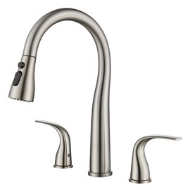 TIORIY 3 Hole Kitchen Faucet with Pull Down Sprayer, Brushed Nickel, Double Handle High Arc Faucet for Kitchen Sink with 3 Mode Spray, Stainless Steel, T-3005BN