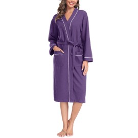 Vlazom Waffle Dressing Gowns Unisex Kimono Robe Cotton Lightweight Bathrobe for All Seasons Spa Hotel Sleepwear, Dusky Purple, M