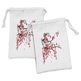 Ambesonne Floral Fabric Pouch Set of 2, Japanese Cherry Blossom Sakura Blooms Branch Spring Inspirations Print, Small Drawstring Bag for Toiletries Masks and Favors, 9" x 6", Vermilion Brown White