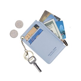 Small Wallets for Women Slim Leather Card Case Holder Wallet Coin Change Purse with Keychain (Blue)