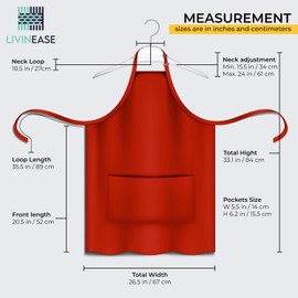 LivinEase Unisex Adjustable Bib Aprons - Stylish Chef Aprons with Double Pockets for Men and Women – Ideal for Cooking, Gardening, and Barbecue Aprons (Red, Pack of 2)