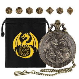 Mini DND Dice Set, Steampunk Retro Five Dragon Heads Pocket Watch Shell Case, DND Starter Set, 7pcs Polyhedral Metal Dice Set, D&D Gifts with Gift Bag, Role Playing Board Game Accessories, Bronze