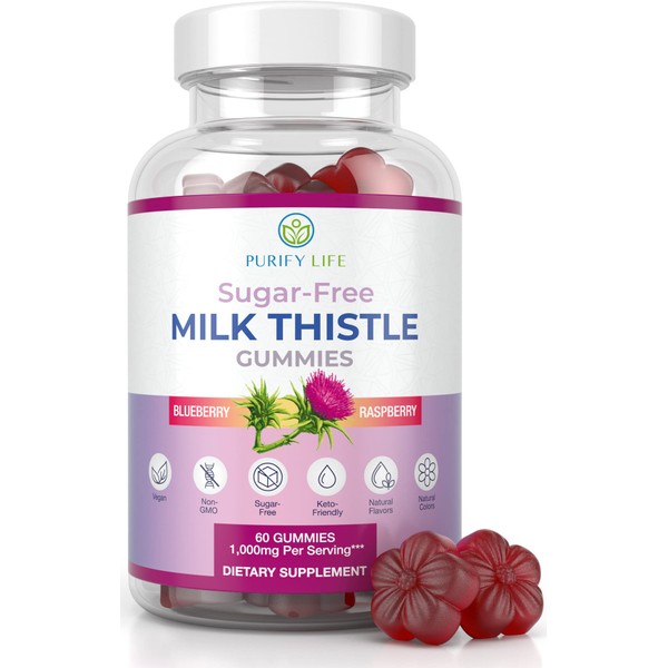 Sugar-Free Milk Thistle Gummies for Liver Cleanse Detox & Repair (1000mg/serving), Cardo Mariano, Milk Thistle Extract for Hangover Relief & Antioxidant Support-Vegan, Non-GMO, Replace Capsules-60 ct