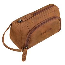 STILORD 'Tony' Vintage Large Pencil Case Pouch Bag Leather Pen Holder Big Pen Case with Zipper Aesthetic Pencil Holder Cosmetic Case Genuine Leather, Colour:tan - Dark Brown