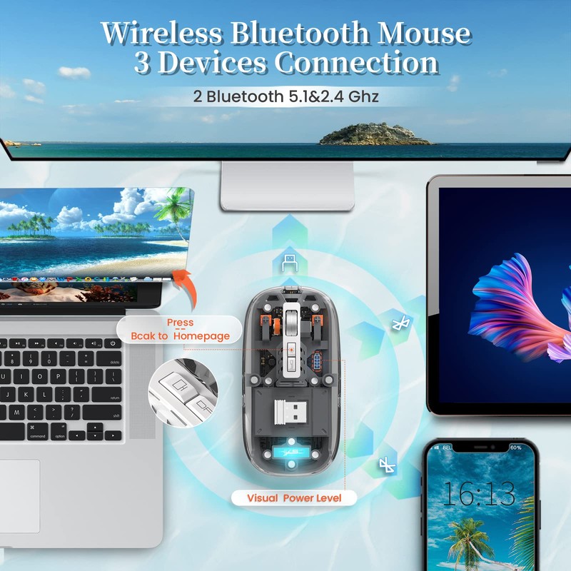 UrChoiceLtd T900 Kabellose Bluetooth-Maus, Multi-Device Slim Cordless Mouse (Dual-Mode: BT