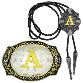 RechicGu 2 Pieces Belt Buckle Bolo Tie Small Set Golden Initial Letter A to Z Western Cowboy Costume Accessory for Men Women A