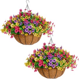 14 inch Artificial Hanging Plant Basket with 36 Pcs Silk Flowers for Spring Summer Outdoor Outside Decor Set of 2,Fake Daisy UV Sun Resistant for Porch Patio Balcony Yard Decor (red Yellow Purple)