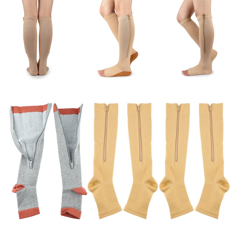 3Pairs Zipper Compression Socks Breathable Open Toe Over The Calf
