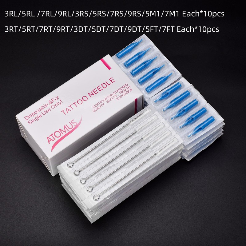 ATOMUS 100pcs Disposable Mixed Tattoo Needles 100pcs Assorted Sterilized Tattoo