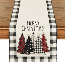 AUTOWT Christmas Decoration Table Runner, Black and White Plaid Christmas Trees Merry Xmas Table Runner, Winter Seasonal Christmas Kitchen Table Decoration Indoor Outdoor Home Party Decor, 13 x 72inch