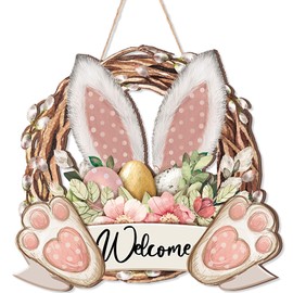 Moucuny Easter Wreaths for Front Door Easter Bunny Door Hanger Wooden Hanging Door Sign 11.8 x 11.8 Inch Rabbit Welcome Wreath Easter Floral Sign for Wall Porch Outside Farmhouse Home Indoor (Egg)