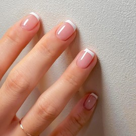 24Pcs White French Tips Press On Nails - French Manicure Art Acrylic Short Square Full Cover False Nails with Glossy Finish