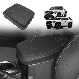 Muslogy Center Console Armrest Cover Compatible with 2024 Toyota Tacoma 2025+ 4Runner Accessories Armrest Lid Protector Vegan Leather Cushion Regular Thick(Black/Gray Stitching)