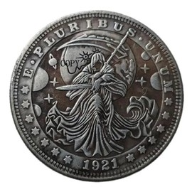Copy 1921 U.S Hobo Morgan Coin Grim Reaper Lady Death Hood Skull Skeleton Robe Scythe Sword Moon Night Sky Planets Stars Silver Plated Replica Commemorative