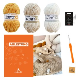 myboshi Edda Children's Crochet Set for Beginners Including Velvet XL Yarn, Crochet Hook, Wool Needles, Instructions, Label, 100% Polyester, Beige (Sand) with Crochet Hook
