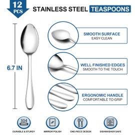 12-Piece Teaspoons, E-far 6.7 Inches Stainless Steel Small Spoons for Home Kitchen Restaurant, Mirror Polished & Dishwasher Safe