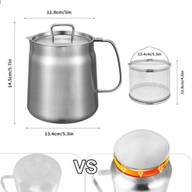 Stainless Steel Oil Filter Pot, 1.5L (50 Oz) Fryer with Strainer & Fry Basket - Large Capacity 3-in-1 Cooking Container for Bacon Grease Saver, Grease Collection, and Frying (Upgrade double bottom)