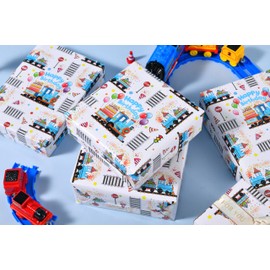 Sikiweiter Train Wrapping Paper - 17 in x 16.4 ft - Birthday Train Gift Wrap for Kids, Toddlers, Train Party Supplies & Decorations(Train Birthday)