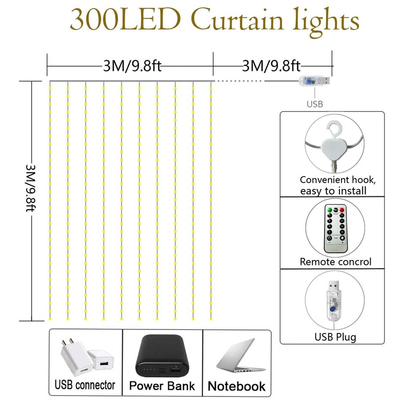 Lezonic Light Curtain, 3 m x 3 m, 300 LEDs,