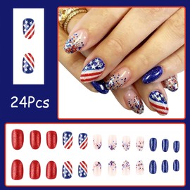24Pcs 4th of July Press on Nails Short Almond Independence Day American Flag Fake Nails Blue Red White Sequins Glitter French Tip False Nails Patriotic Glue on Nails Star Stick on Nails for Women