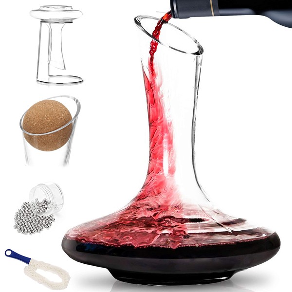 BTaT- Decanter with Drying Stand, Stopper, Brush and Beads XL, Hand Blown 100% Lead Free Crystal Glass, Wine Decanter, Wine Carafe, Wine Accessories, Red Wine Decanter, Wine Gift