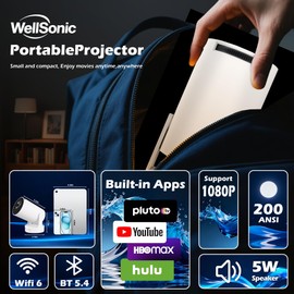 Portable Smart Projector with Android 14, WiFi 6, Bluetooth 5.4 and 180° Stand, HD Mini Projector for Bedroom, Ceiling Projection, Home Theater and Outdoor Movies