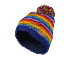 Pachamama Ladies Wool Bobble Hat Fleece Lined Hand Knitted Rainbow Stripes Multicolor One Size Handmade Extra Warm Fair Trade, Multicoloured, One Size, multicoloured