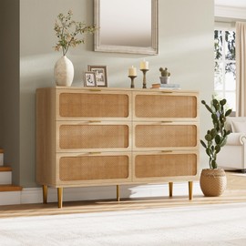 Rattan 6 Drawer Dresser for Bedroom, Large Double Dresser with Deep Drawers, Chest of Drawers for Closet with Wide Top, Long Wooden Dresser for Living Room, Hallway, Kids Room, Natural