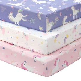 FIEMOL Baby Crib Sheets Girl, 3 Pack Toddler Bed Sheets for 52”x28” Standard Toddler Mattresses, Soft Microfiber Fitted Crib Sheets Pink Purple Rainbow