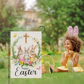 Heyfibro Happy Easter Bunnies Garden Flag 12x18 Double Sided Burlap, Easter Eggs Wreath Cross Small Yard Flag for Easter Holiday Farmhouse Yard Outdoor Decor(ONLY FLAG)