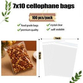 100 pcs Clear 7" x 10" Self Seal Cello Cellophane Bags Resealable Poly Bags 2.8 mils for Cookie, Candy, Gift Bakery, Prints, Photos, Cards , Party