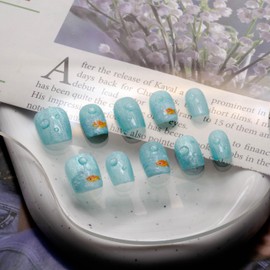 Kokowomite Nails Handmade Nail Tips, Short, Oval, Light Blue and Orange, Small Fish and Bubbles, Cute Korean Style, Cool Feeling, Popular 3D Design, Includes Storage Box, Set of 10