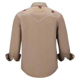 PEARL SNAP Men's Embroidered Western Cowboy Peael Snap Long Sleeve Dress Two Pockets Shirts (H2 3# Khaki M)