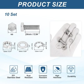 PATIKIL M8x25mm Hex Bolt with Nuts Flat Spring Lock Washers, 10 Set Stainless Steel Hexagon Screw Bolts Full Coarse Thread Metric Bolt Assortment Kit