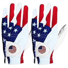 Golf Gloves Men Right Hand with Ball Marker USA Flag 2 Pack for Left Handed Golfer Leather Breathable Comfortable All Weather Grip (USA Flag,Large-Worn on Right Hand )