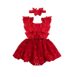 Himllauen Baby Girl Romper Dress Lace Mesh Embroidery Sleeveless Jumpsuit Newborn Baby Casual Romper with Headband for Baby Girls 0-24 Months (Red, 0-3 Months)