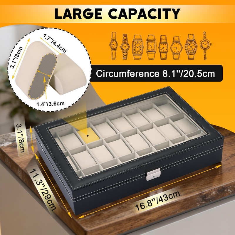 weyleity 24 Slots Watch Box with Glass Lid | PU