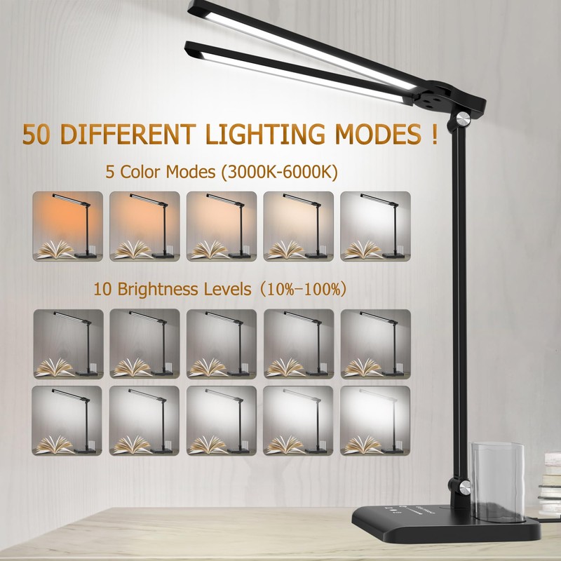 CHARYJOD Dimmable LED Desk Lamp with USB Charging Port Bright,