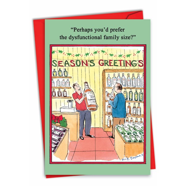 NobleWorks - Humorous Merry Christmas Card with Envelope (4.63 x 6.75 Inch) - Colorful Cartoon Happy Holidays Card - Funny Xmas Greeting Stationery - Dysfunctional Family 5780