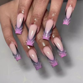ANDGING 3D French Tip Press on Nails Purple Square Long Fake Nails with 3D Ombre Designs Manicure Pressons Fake Nails False Nails for Wedding Classy Gel Full Cover Acrylic stick on nail for Women