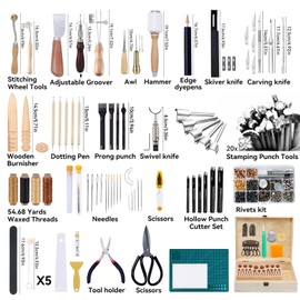 Jupean 458 Pieces Leather Tools, Leather Working Tools, Leathercraft Tools and Supplies with Instruction, Tool Holder, Stamps Set, Prong Punch, Hole Hollow Punch for DIY Craft