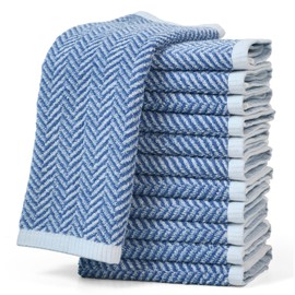 Cleanbear Wash Cloths, 12 Washcloths for Showering with Decorative Herringbone Stripes, 100% Cotton, Light Blue, 13 x 13 Inches
