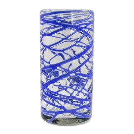 NOVICA Clear Blue Eco-Friendly Blown Glass High Ball Glasses, 11 Oz, 'Sapphire Swirl' (Set Of 6),Blue Clear,TWE0010