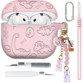 Cute AirPods 4 Case - Engraved Dino Protective Silicone Skin with Adjustable Wrist Strap - Pink