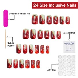 Christmas Press on Nails Medium Square SWEKKE Red & Gold Fake Nails Winter False Nails with Designs Christmas Tree Snowflake Glossy Glue on Nails Xmas Acrylic Nails for Women Girls 24 Pcs