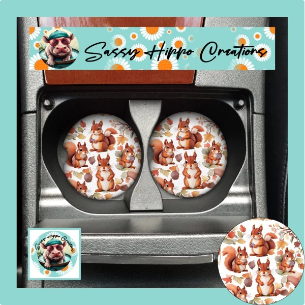Handmade Car Coasters Cute Autumn Squirrels Fall Leaves Set of
