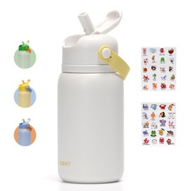 pluseight Kids Insulated Water Bottle, 15 oz Kids Water Bottle with Stickers, 18/8 Stainless Steel Leak Proof Kids Cups with Straw for School Travel Boys Girls (White)