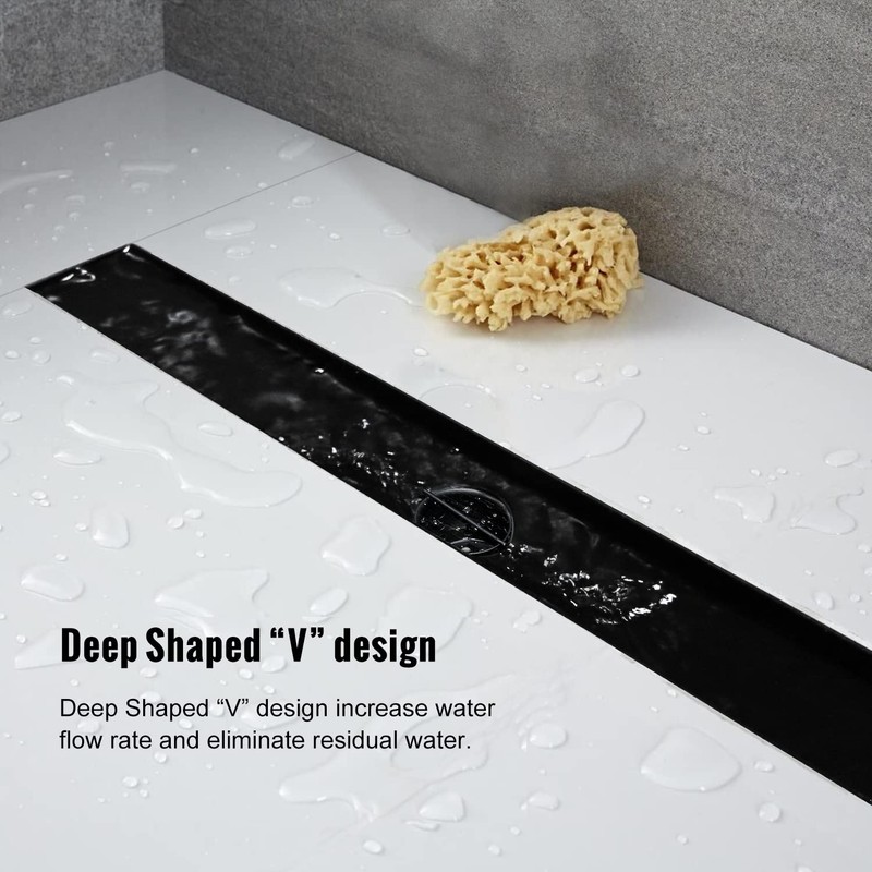 Elefloom Linear Shower Drain, 28 inch Black Drain with Removable