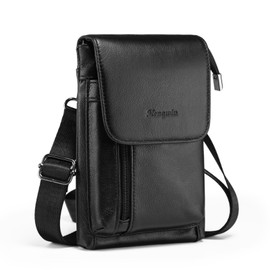 Hengwin Genuine Leather Small Crossbody Bag for Men Women, Cellphone Belt Pouch Bag, Travel Passport Wallet, Shoulder Holster (Black)